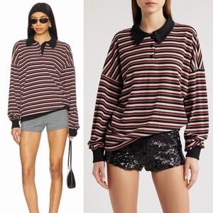 Lioness REVOLVE Sz M Striped Rugby Jersey Oversized Thermal Collared Polo Top